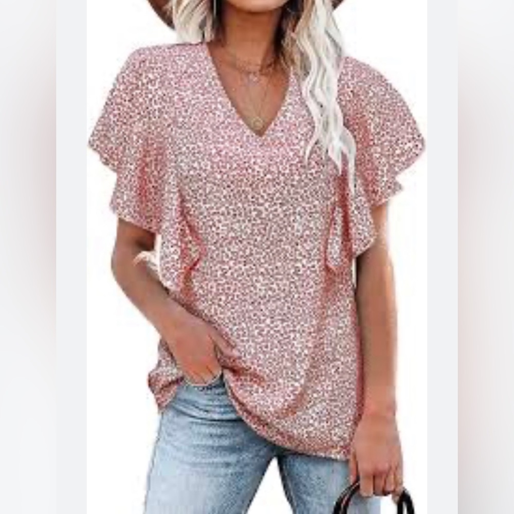 Aconiya Floral Flutter Sleeve Pink blouse - Picture 1 of 8